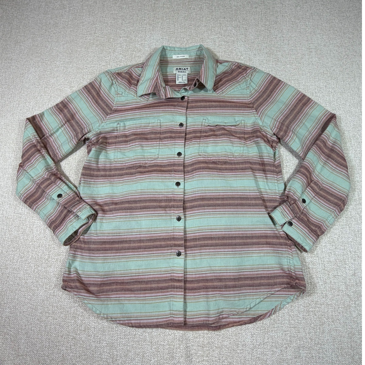 Ariat Real Womens Medium Green Pink Striped Southwest Button Front Shirt Western